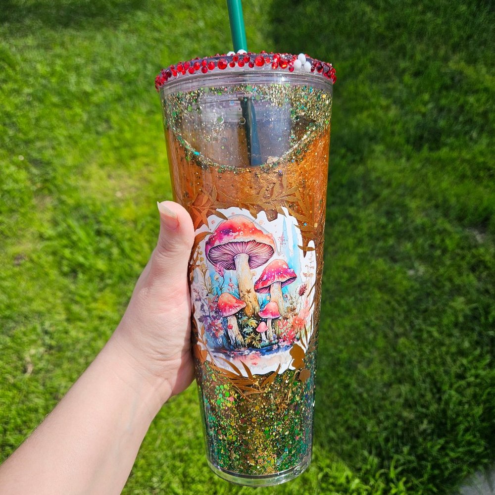 Handmade mushroom snowglobe tumbler